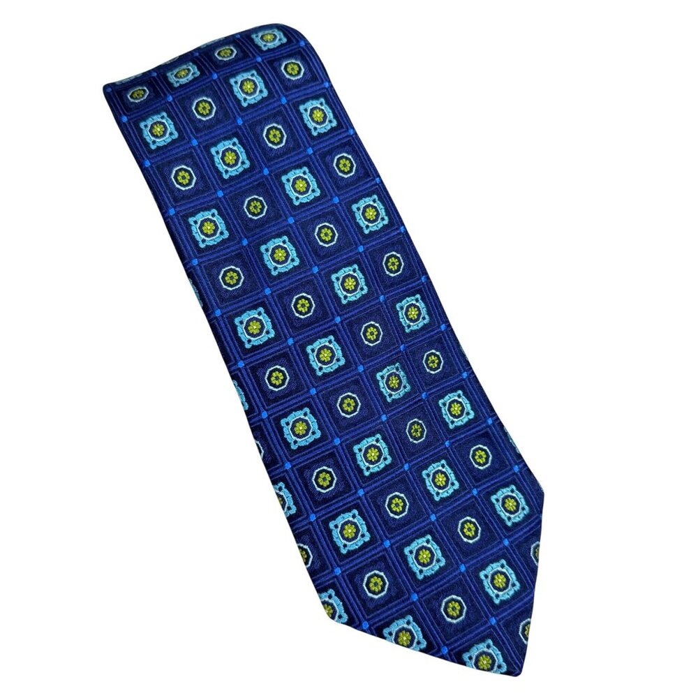 Ted Baker London Mens 100% Silk Jacquard Necktie Blue Turquoise Green Geometric